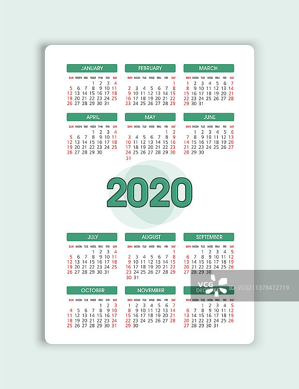 日历2020年的一周从周日开始图片素材
