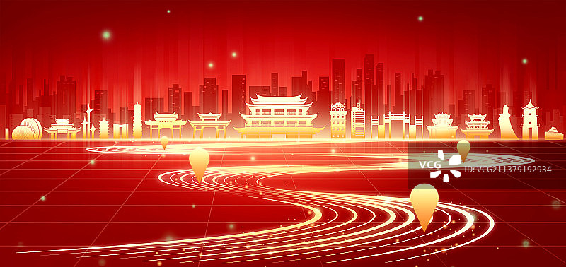 中国城市插画建筑科技概念抽象背景图片素材
