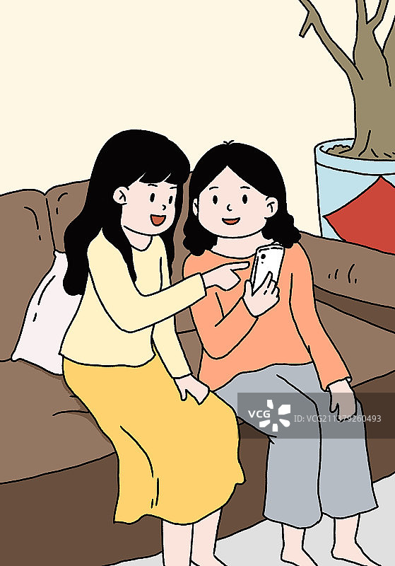 插画：节日母女在家看手机闲聊图片素材