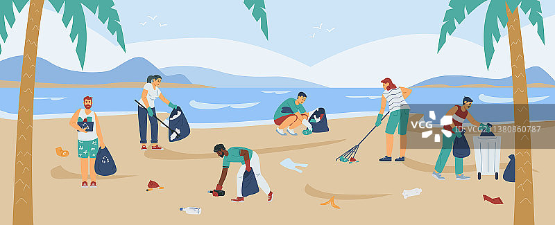 年轻人在海滩或海洋清理垃圾图片素材