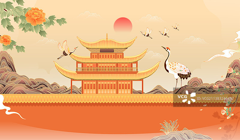 复古中国风湖南岳阳楼建筑插画图片素材