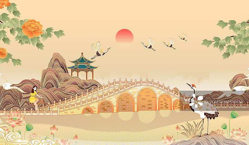 复古中国风公园风景矢量插画图片素材