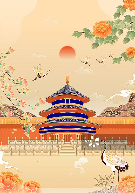 复古中国风北京天坛建筑矢量插画图片素材