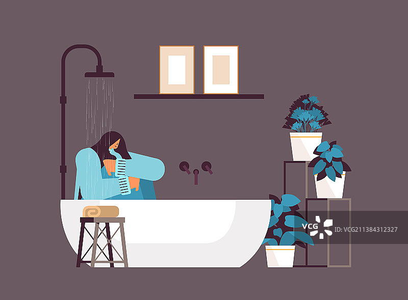 沮丧的女人坐在淋浴间图片素材