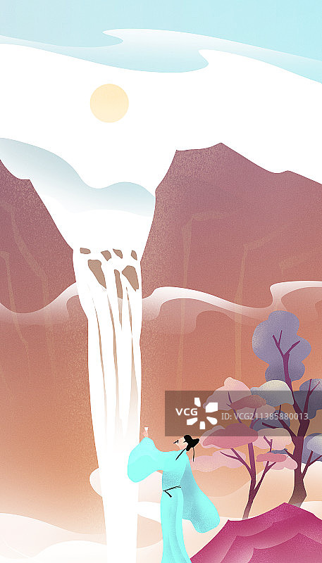 望庐山瀑布古代诗词新中式风格山水风景插画图片素材