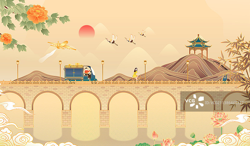复古中国风一座桥上风景矢量插画图片素材