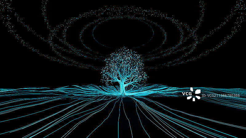 蓝色发光粒子树,抽象数字化植物图片素材