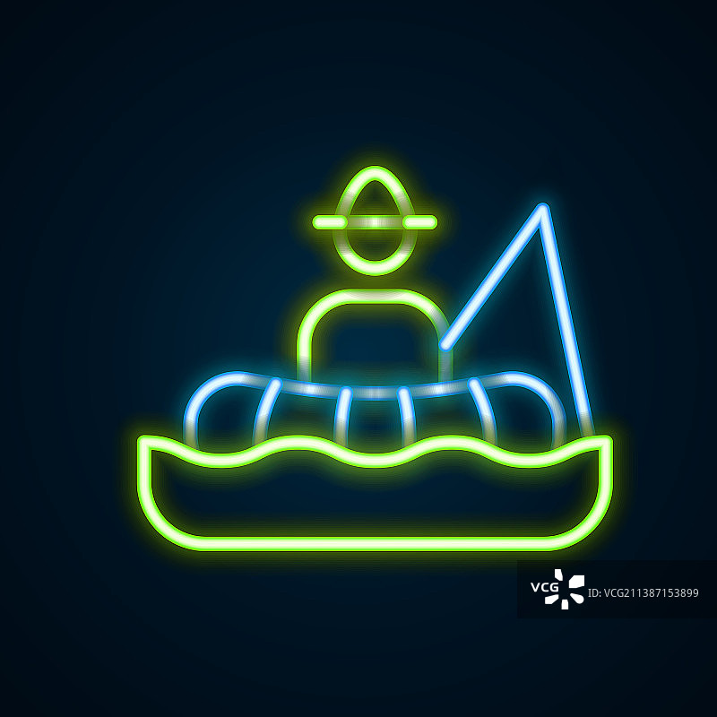 发光的霓虹灯线渔夫坐在船上和图片素材