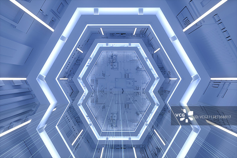 3D蓝色灯光下的空间科技感空间背景图片素材