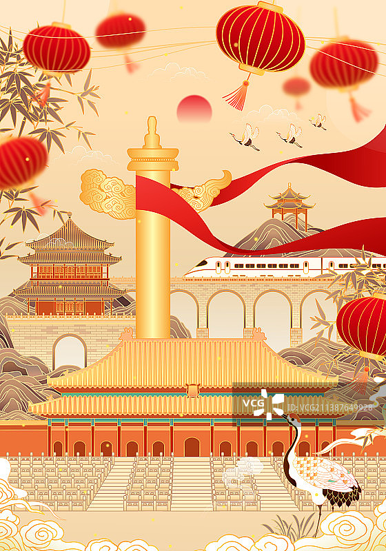 复古中国风节日建筑矢量插画图片素材
