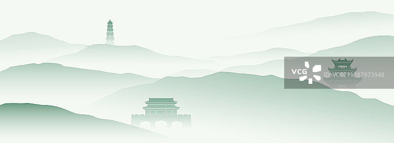 新中式水墨意境山水画山川的轮廓插画图片素材