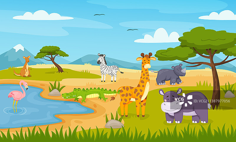 卡通野生动物在大草原非洲游猎图片素材