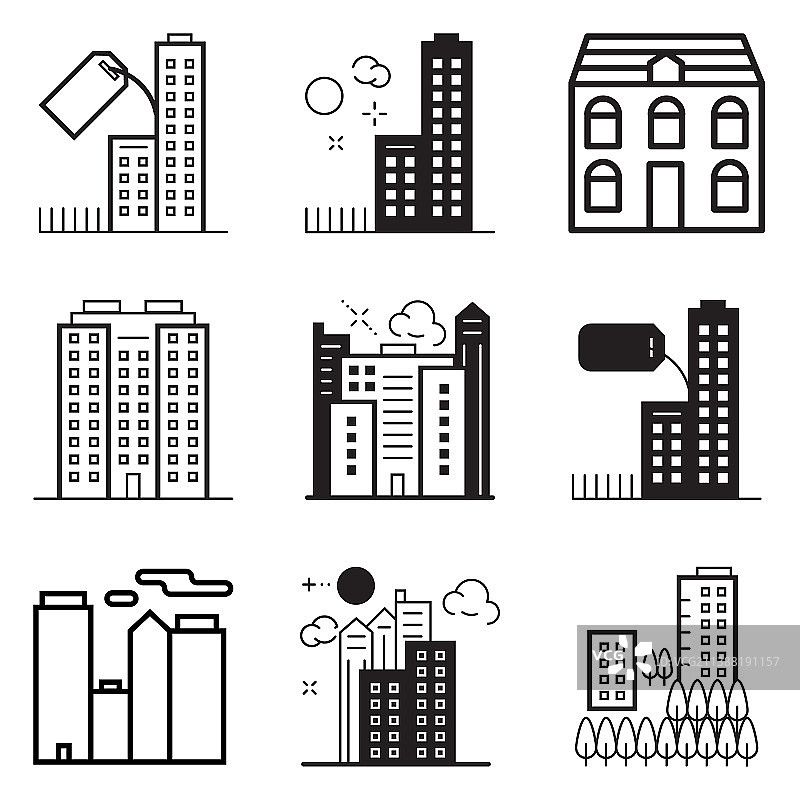 城市建筑平面图标集孤立图片素材