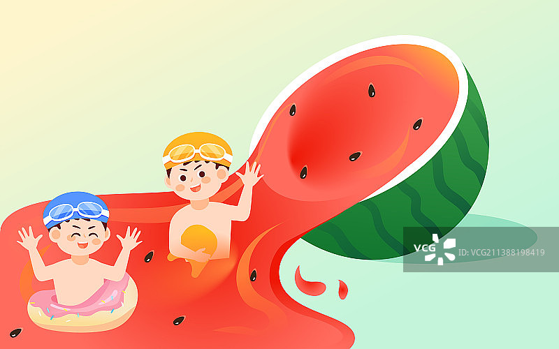 小暑节气人物吃西瓜度假娱乐休闲水果插画图片素材