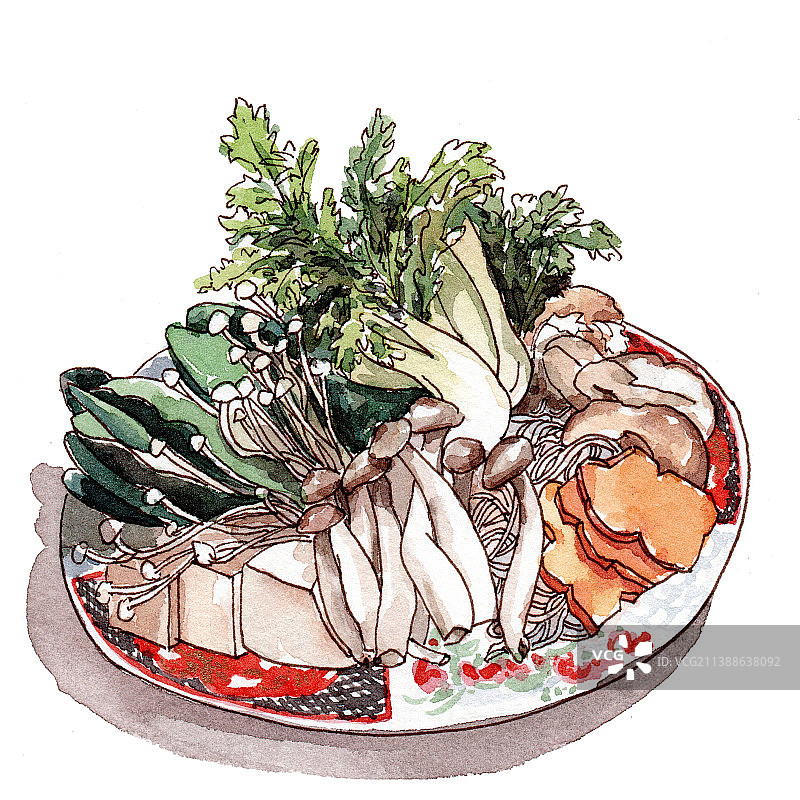 钢笔淡彩水彩蔬菜拼盘日式火锅店图片素材