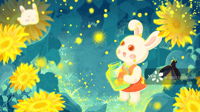 兔年八月夜晚向日葵萤火虫小兔子系列插画图片素材