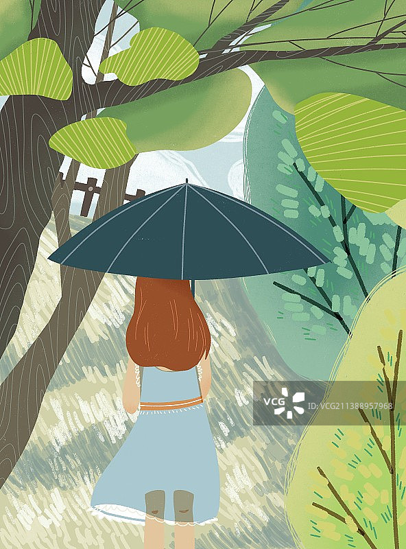 雨后在林间撑伞的女孩扁平风治愈系插画图片素材