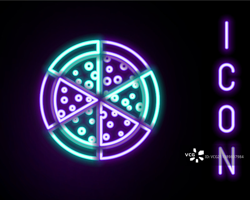 发光的霓虹灯线披萨图标孤立在黑色图片素材