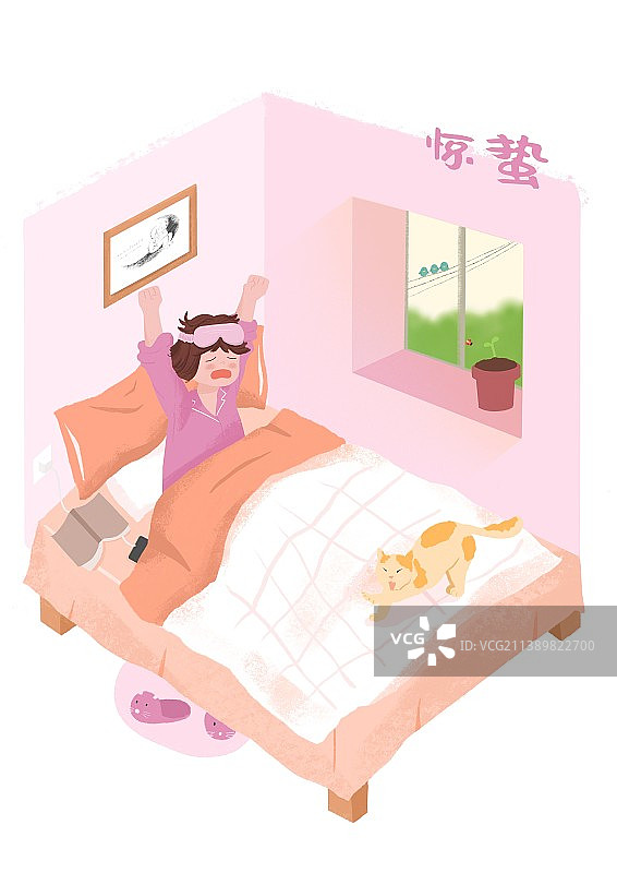 一个女孩从床上醒过来猫咪在伸懒腰图片素材