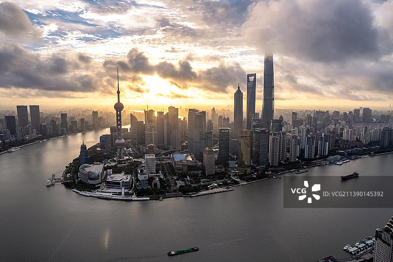 航拍台风季日出时刻上海地标建筑城市风光全景图片素材