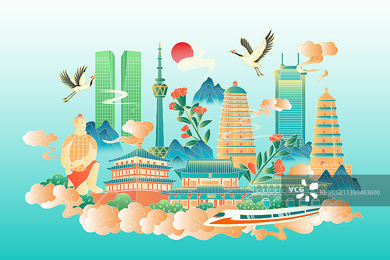 陕西西安中国风城市矢量插画图片素材