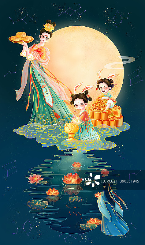 中秋节 赏月吃月饼放花灯图片素材