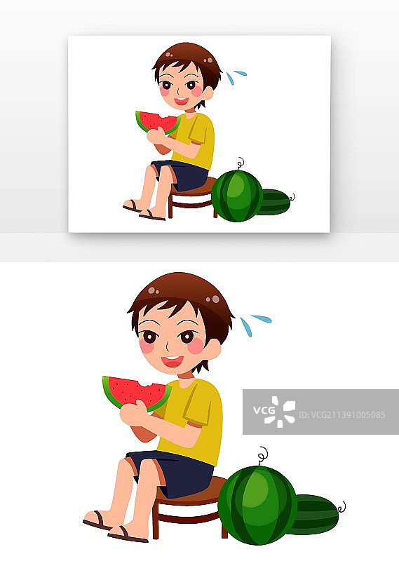 可爱男孩吃西瓜降暑图片素材
