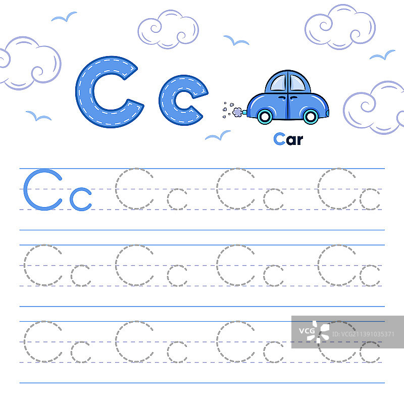 字母工作表字母c学习与可爱的车图片素材