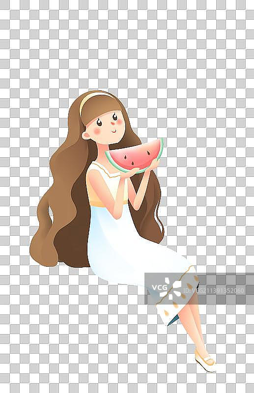 少女坐着吃西瓜，唯美扁平卡通女孩插画素材图片素材