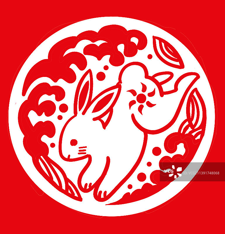 兔年春节剪纸风 扁平庆祝可爱插画图片素材