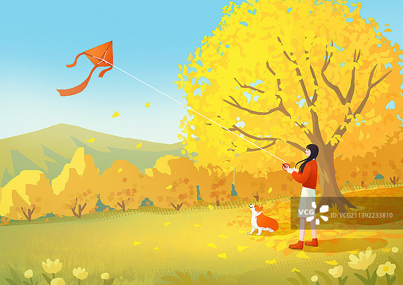 二十四节气女孩和狗秋分银杏树旁放风筝图片素材