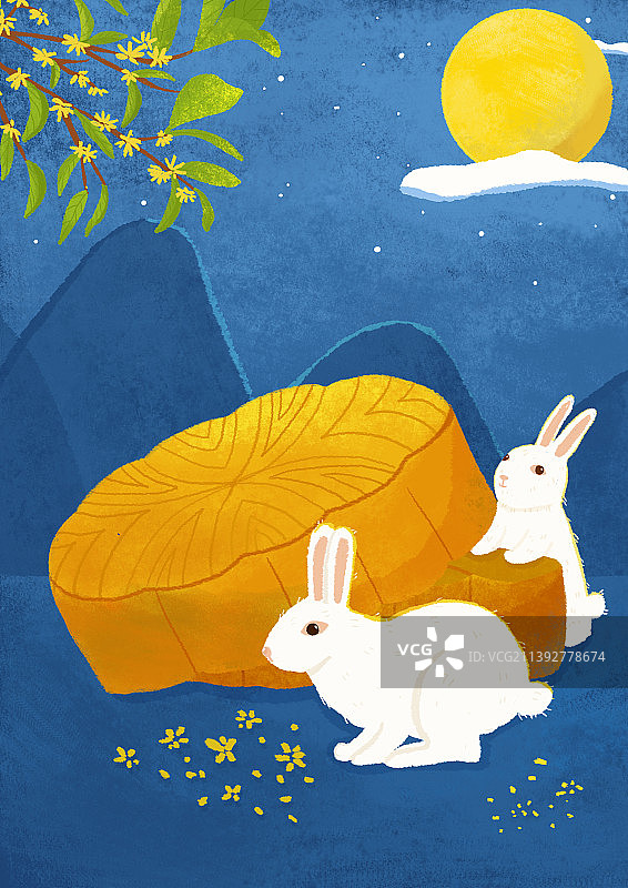 中秋节月饼玉兔扁平质感插画图片素材