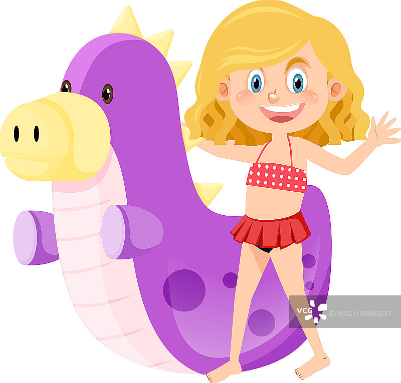 穿着泳装的女孩站在充气恐龙旁边图片素材