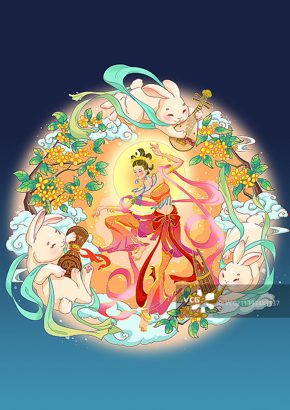 中秋节玉兔演奏月神起舞月舞插画图片素材