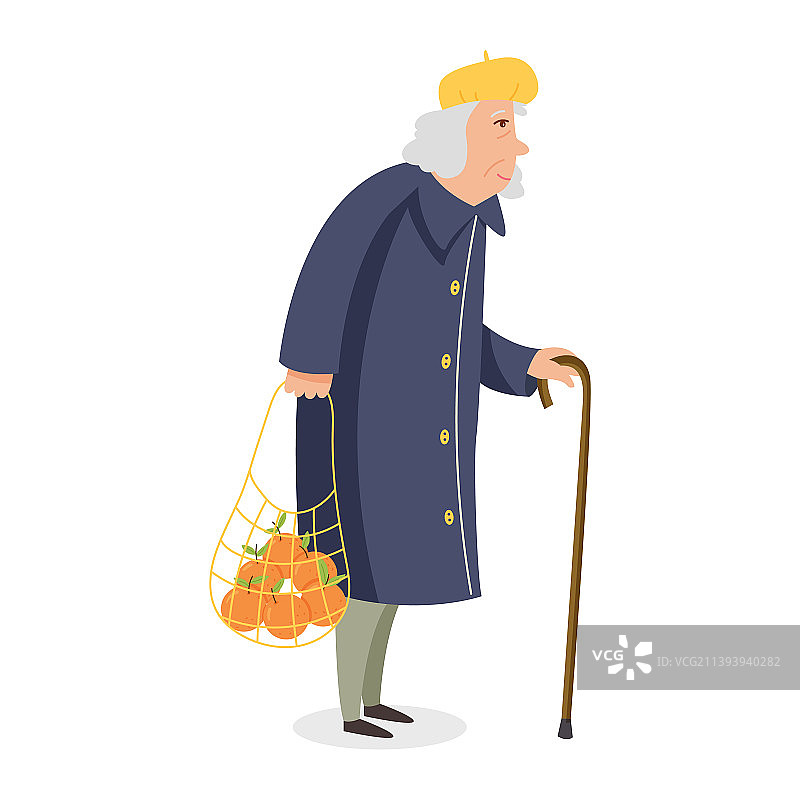 一个拄着拐杖和一袋橘子的老太太图片素材