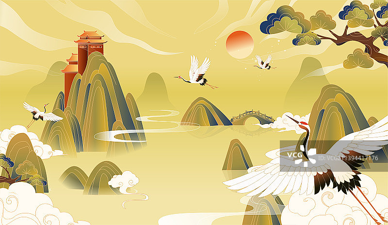 国风秋天的仙鹤插画图片素材