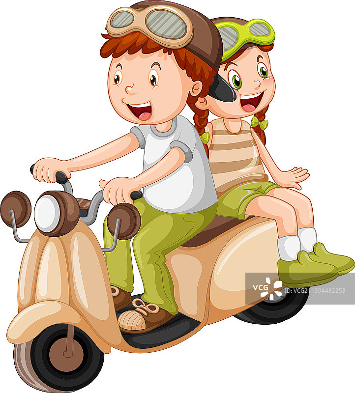 一个男孩骑着摩托车和一个女孩的卡通图片素材