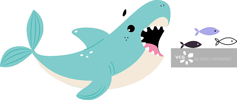 漫画中的蓝色鲨鱼张开大嘴追鱼一样图片素材