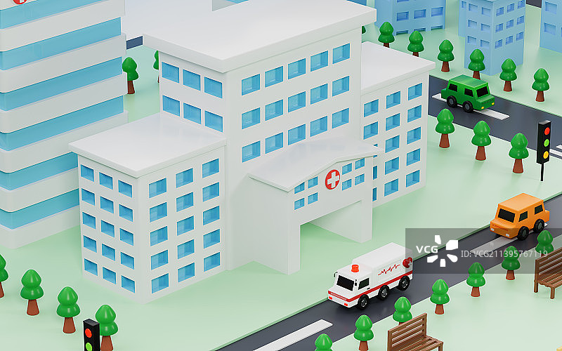 医院与城市背景3D渲染图片素材