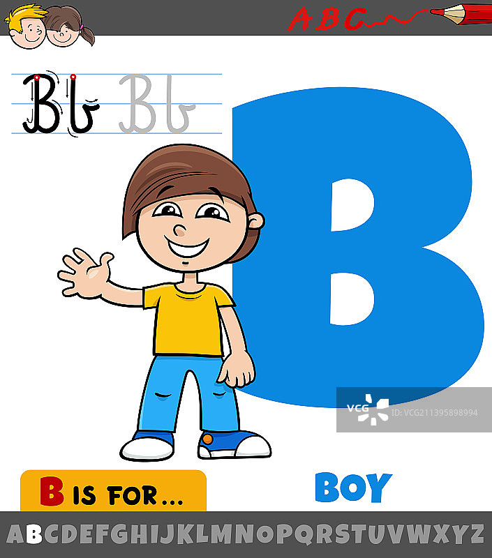 字母b从字母表与卡通男孩的性格图片素材