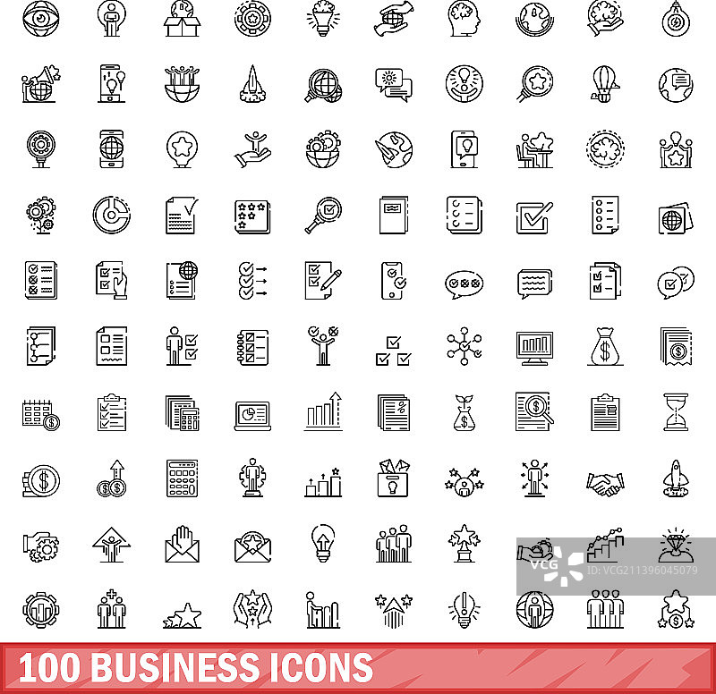 100个商业图标设置大纲风格图片素材