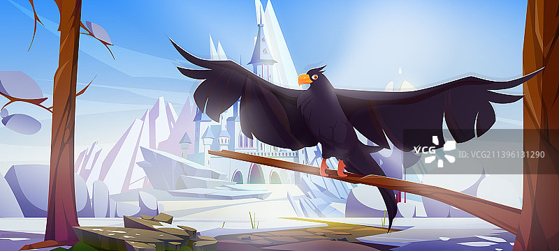 冬天城堡背景上的黑乌鸦图片素材