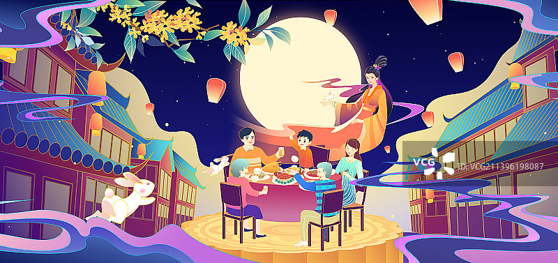 中国风中秋节团圆插画图片素材