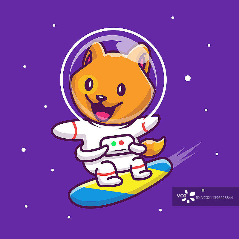 可爱的宇航员猫在太空冲浪卡通图片素材