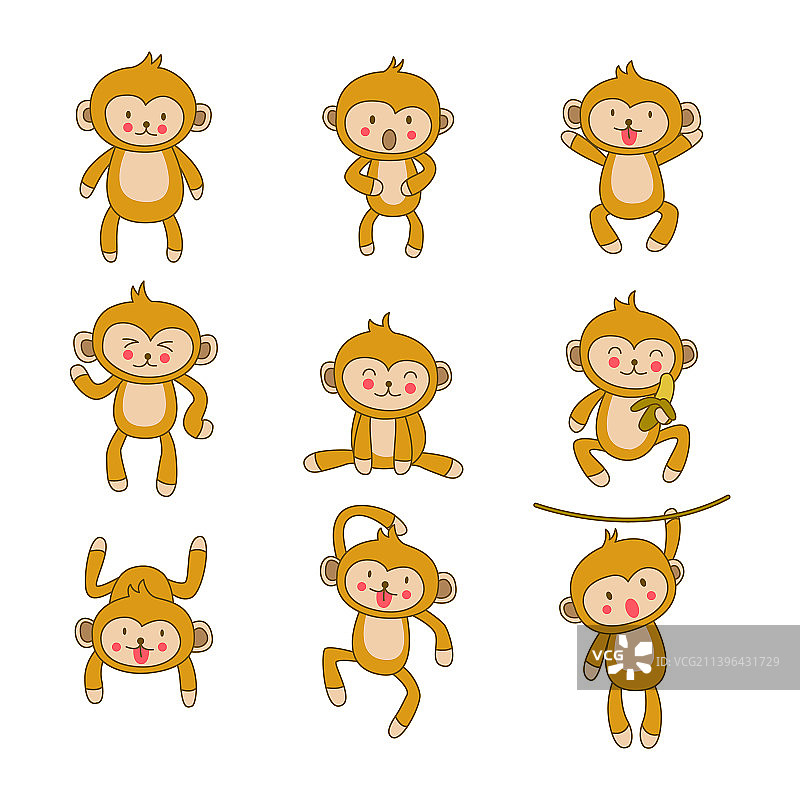 一套可爱的动物猴子卡通版图片素材