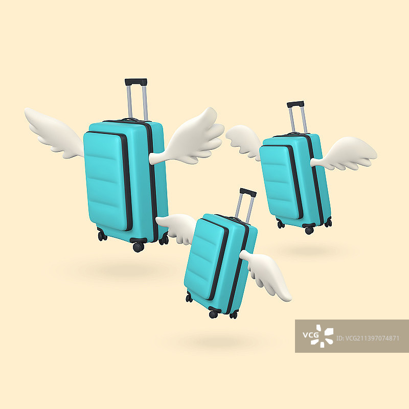 3d逼真渲染蓝色手提箱与翅膀图片素材