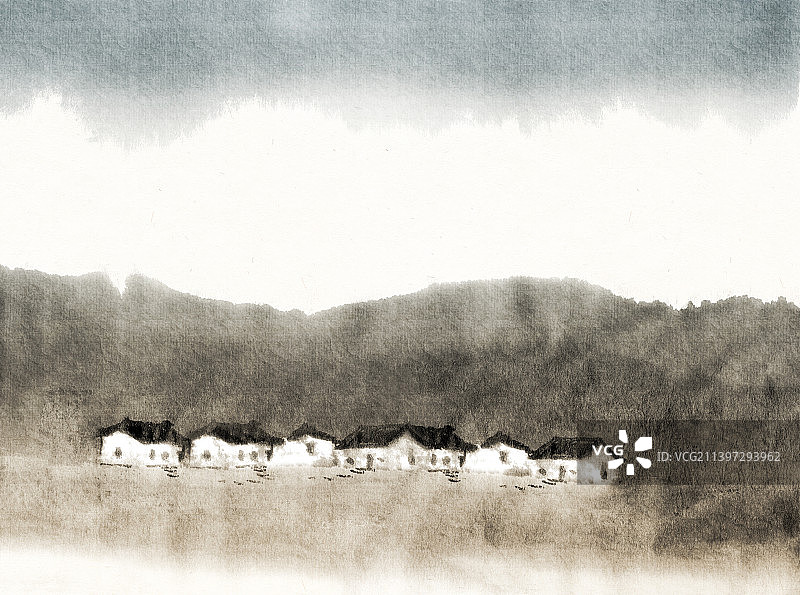 水墨山水新农村雨季乌云压顶时的风景插画图片素材