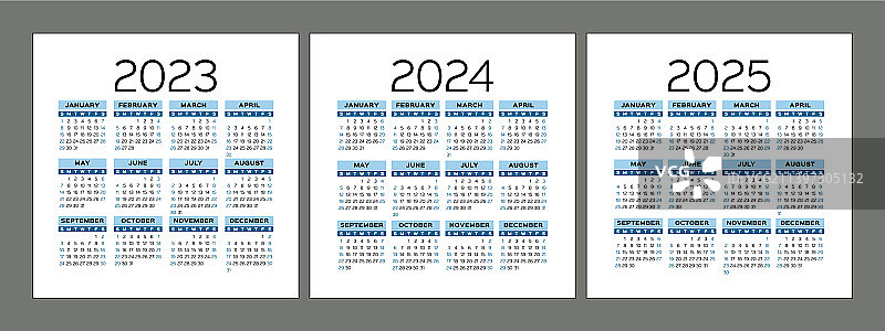 日历2023年，2024年和2025年的平方图片素材