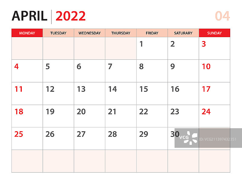 日历计划2022 - 2022年4月模板图片素材