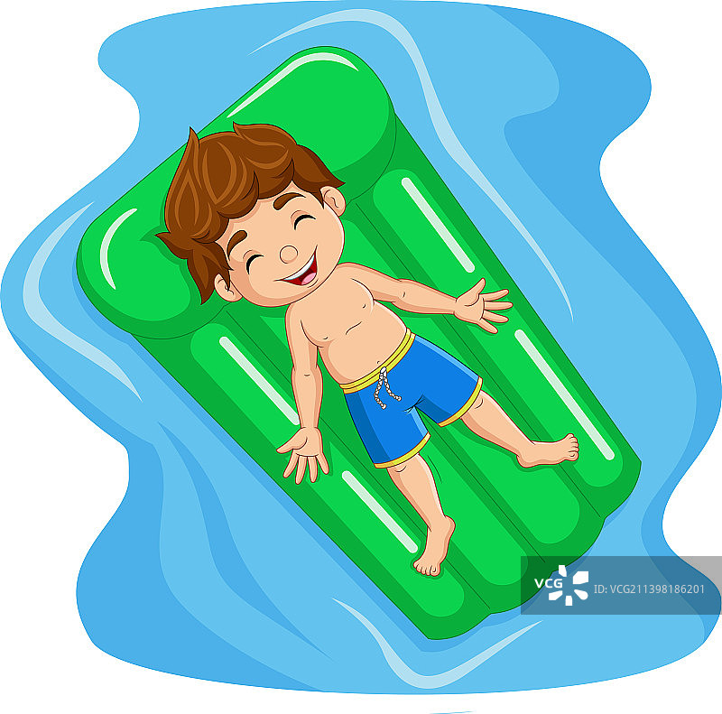 卡通小男孩漂浮在充气床垫上图片素材